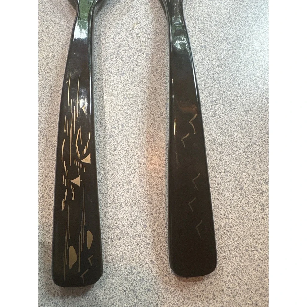 Vintage Japanese‎ Black Lacquerware Salad Serving Spoon Fork Set Nautical Gold